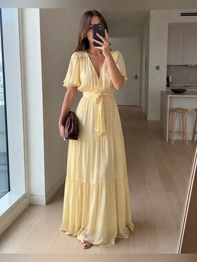 ba&sh Natalia Yellow Pleated Wrap Tiered Maxi Dress Flutter Sleeve M